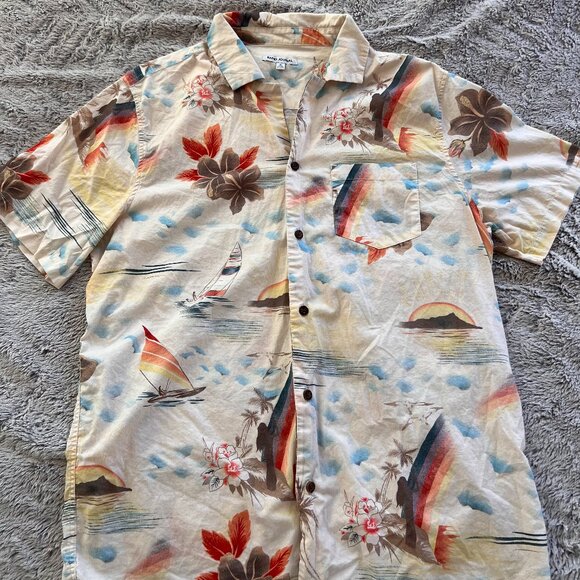 Banks Journal Shirt Men Medium Beige Hawaiian Aloha Camp Collar Surf - Picture 1 of 4